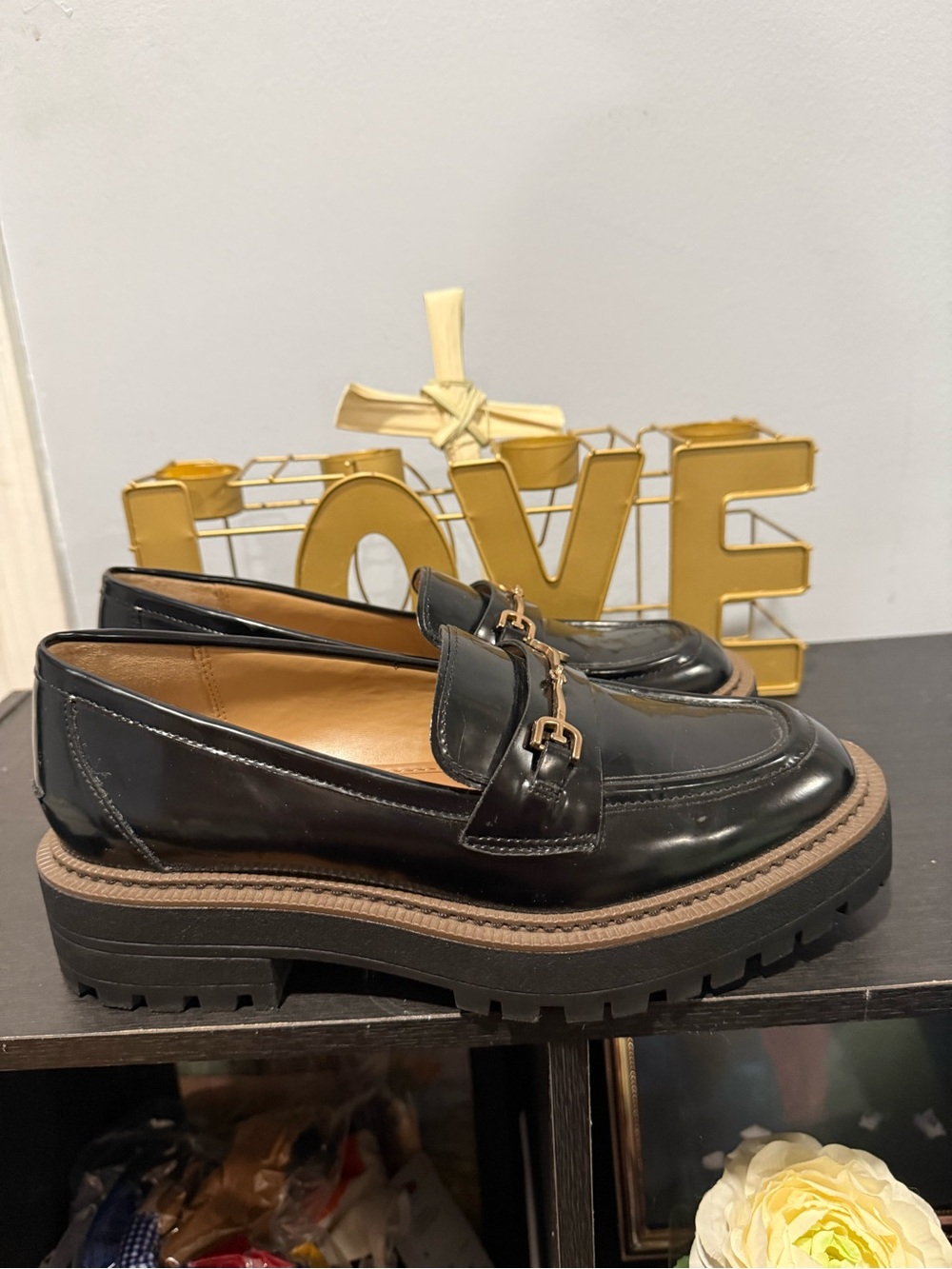 Sam Edelman Black Leather Chunky Loafer with Gold Bit